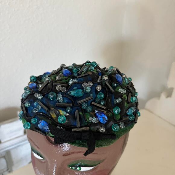 Nicholas Ungar Vintage Blue Green Jeweled and Beaded Hat Green Blue 1950s - Picture 1 of 3